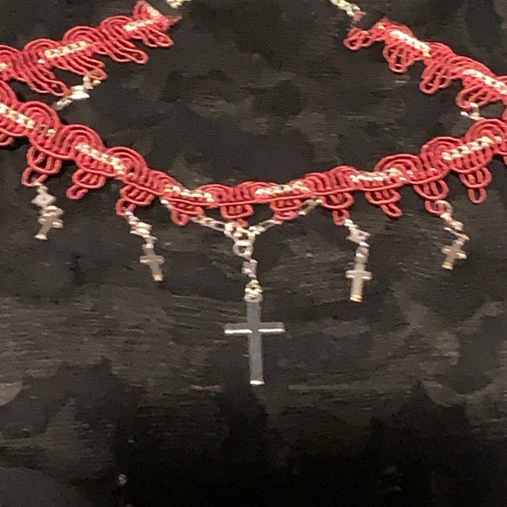 O.O.A.K. Red Ribbon Silver Rhinestone Cross Choker - Picture 9 of 13